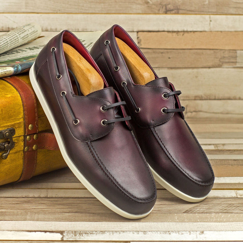 Ambrogio Bespoke Custom Men's Shoes Burgundy Calf-Skin Leather Boat Loafers (AMB1927)-AmbrogioShoes