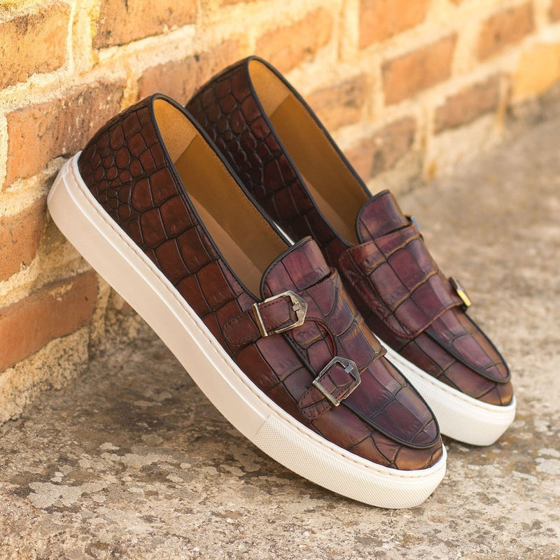 Ambrogio Bespoke Custom Men's Shoes Burgundy Crocodile Print Leather Monk Sneakers (AMB2228)-AmbrogioShoes
