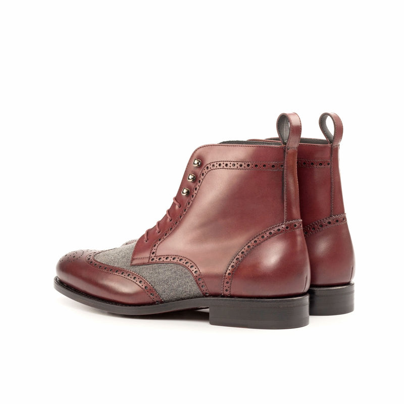 Ambrogio Bespoke Custom Men's Shoes Burgundy & Gray Flannel / Calf-Skin Leather Military Boots (AMB2183)-AmbrogioShoes