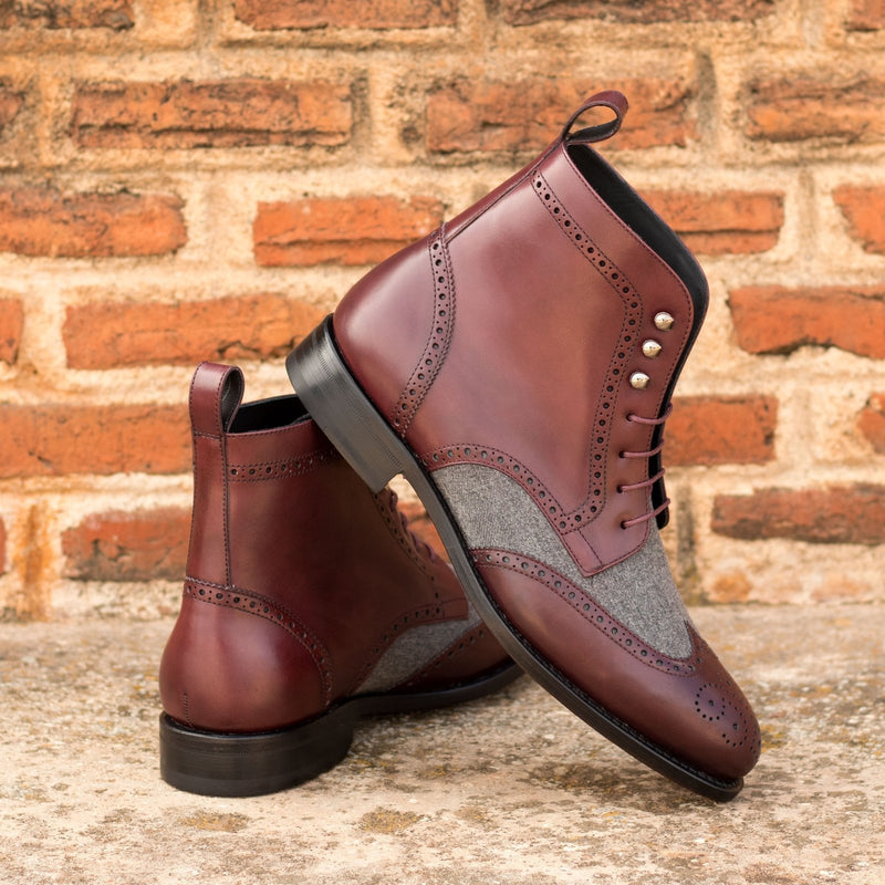 Ambrogio Bespoke Custom Men's Shoes Burgundy & Gray Flannel / Calf-Skin Leather Military Boots (AMB2183)-AmbrogioShoes