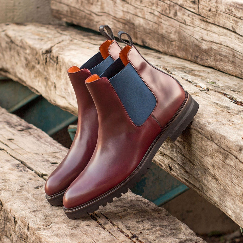 Ambrogio Bespoke Custom Men's Shoes Burgundy & Navy Polished / Calf-Skin Leather Chelsea Boots (AMB1963)-AmbrogioShoes