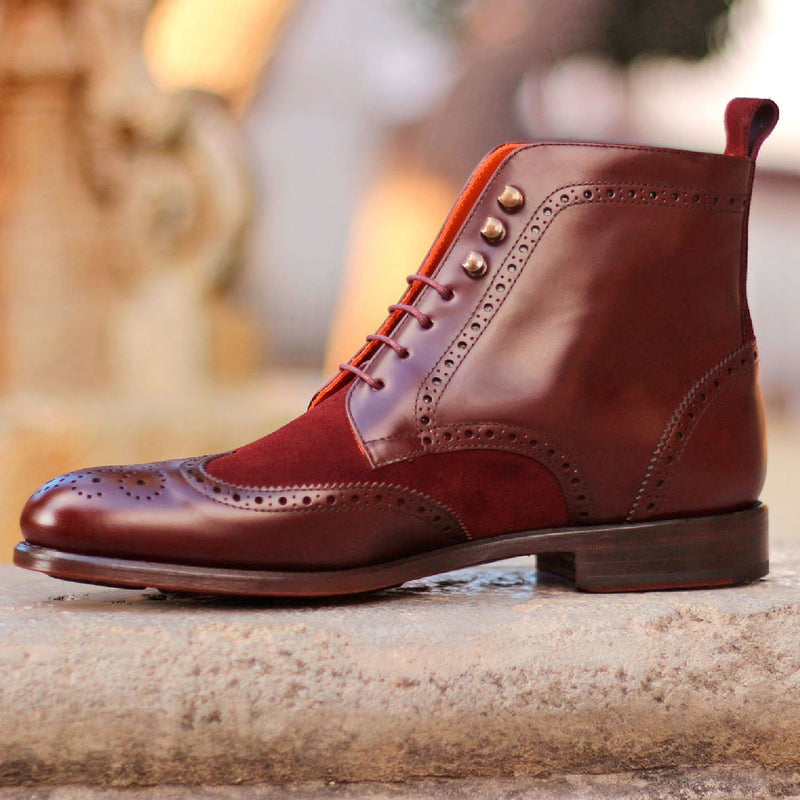 Ambrogio 1542 Bespoke Custom Men's Shoes Burgundy Suede / Polished Calf-Skin Leather Military Boots (AMB1881)-AmbrogioShoes