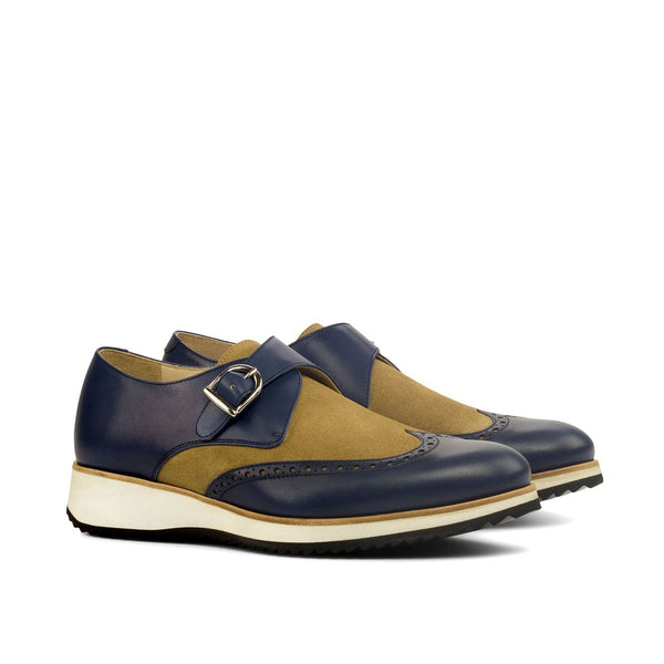 Ambrogio Bespoke Custom Men's Shoes Camel & Navy Suede / Calf-Skin Leather Monk-Strap Loafers (AMB2162)-AmbrogioShoes