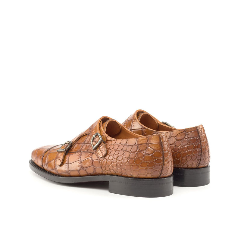 Ambrogio Bespoke Custom Men's Shoes Cognac Crocodile Print / Calf-Skin Leather Monk-Straps Loafers (AMB2195)-AmbrogioShoes