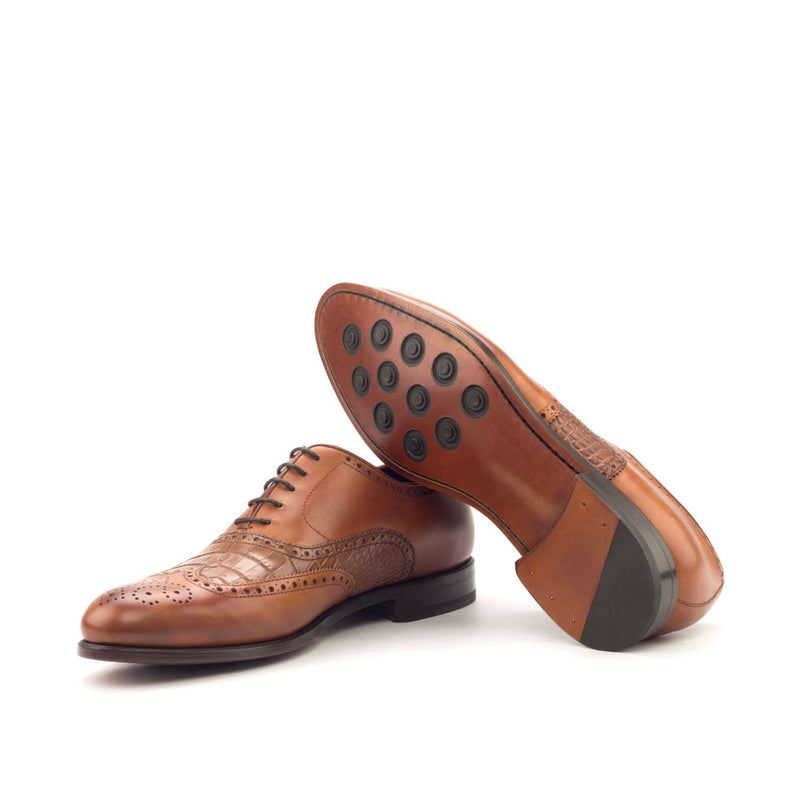 Ambrogio Bespoke Custom Men's Shoes Cognac & Dark Brown Crocodile Print / Calf-Skin Leather Wingtip Oxfords (AMB1929)-AmbrogioShoes