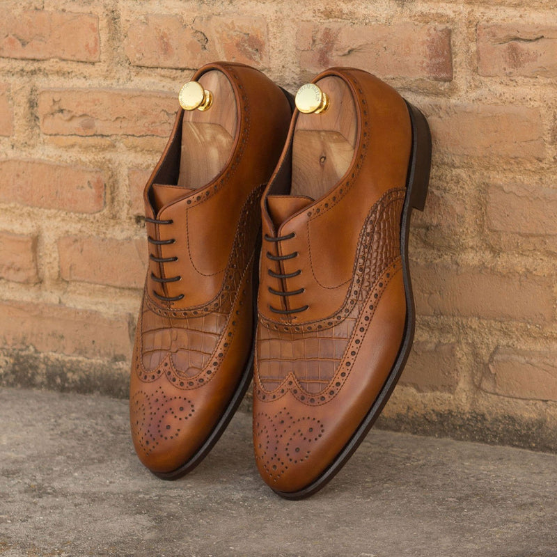Ambrogio Bespoke Custom Men's Shoes Cognac & Dark Brown Crocodile Print / Calf-Skin Leather Wingtip Oxfords (AMB1929)-AmbrogioShoes
