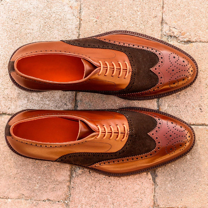 Ambrogio 1633 Bespoke Custom Men's Shoes Cognac & Dark Brown Suede / Calf-Skin Leather Wingtip Oxfords (AMB1886)-AmbrogioShoes