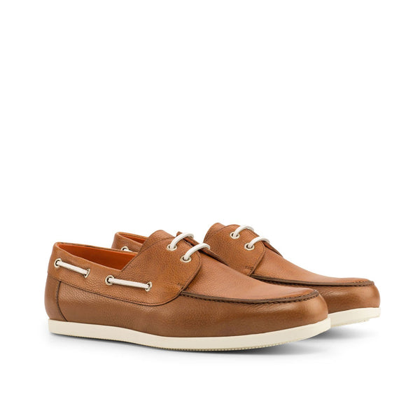 Ambrogio Bespoke Custom Men's Shoes Cognac Full Grain Leather Boat Loafers (AMB2175)-AmbrogioShoes