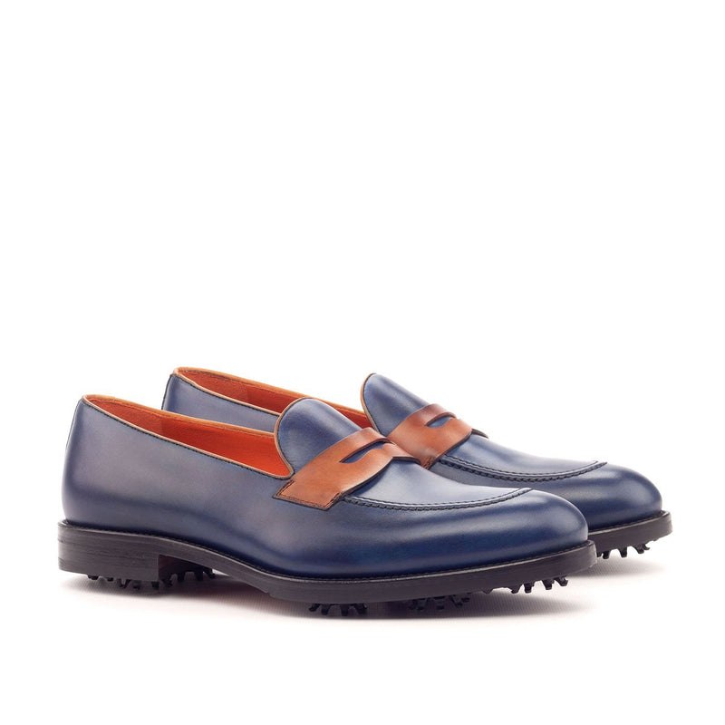 Ambrogio Bespoke Custom Men's Shoes Cognac & Navy Calf-Skin Leather Golf Loafers (AMB2168)-AmbrogioShoes