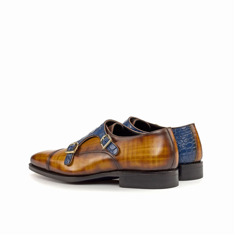 Ambrogio Bespoke Custom Men's Shoes Cognac & Navy Crocodile Print / Patina Leather Monk-Straps Loafers (AMB1912)-AmbrogioShoes