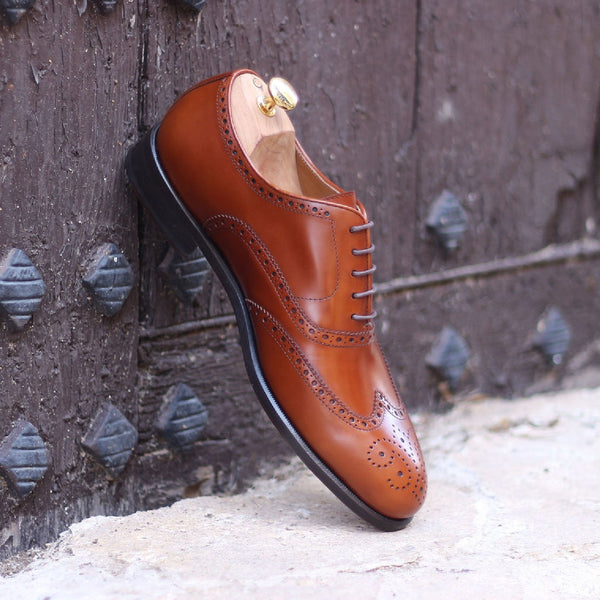 Ambrogio Bespoke Custom Men's Shoes Cognac Polished Calf-Skin Leather Full Brogue Oxfords (AMB2147)-AmbrogioShoes