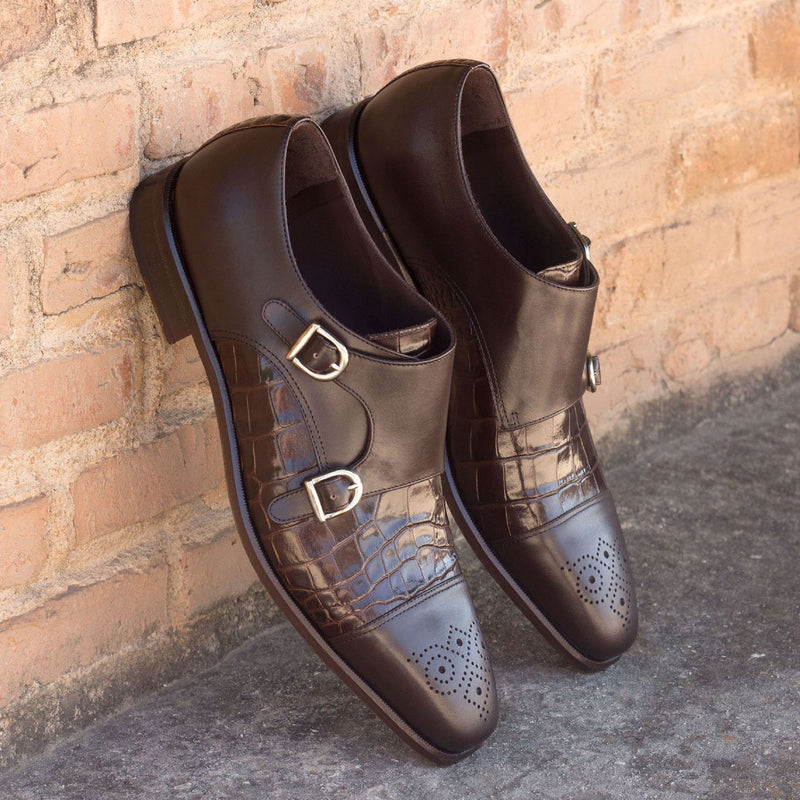 Ambrogio Bespoke Custom Men's Shoes Dark Brown Crocodile Print / Calf-Skin Leather Monk-Straps Loafers (AMB1945)-AmbrogioShoes