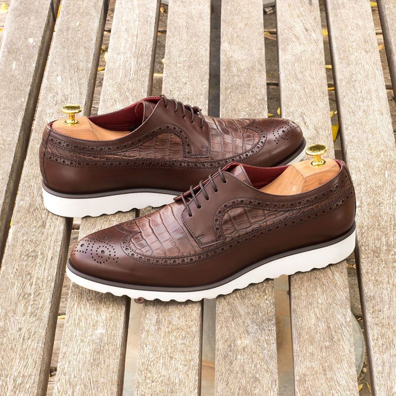 Ambrogio 3743 Bespoke Custom Men's Shoes Dark Brown Crocodile Print / Calf-Skin Leather Wingtip Oxfords (AMB1896)-AmbrogioShoes