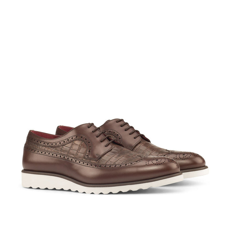 Ambrogio 3743 Bespoke Custom Men's Shoes Dark Brown Crocodile Print / Calf-Skin Leather Wingtip Oxfords (AMB1896)-AmbrogioShoes