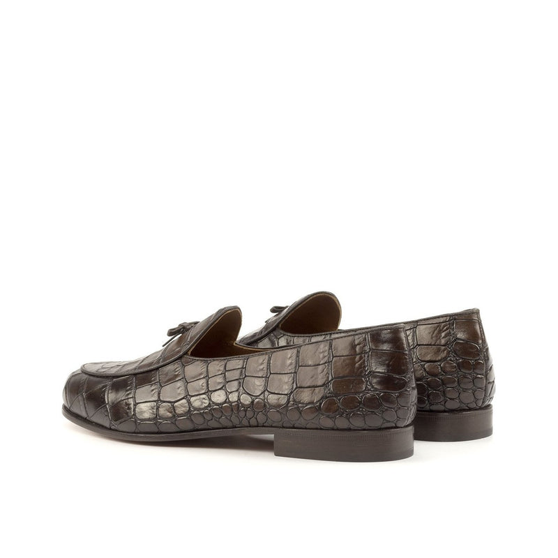 Ambrogio Bespoke Custom Men's Shoes Dark Brown Crocodile Print Leather Belgian Loafers (AMB2221)-AmbrogioShoes