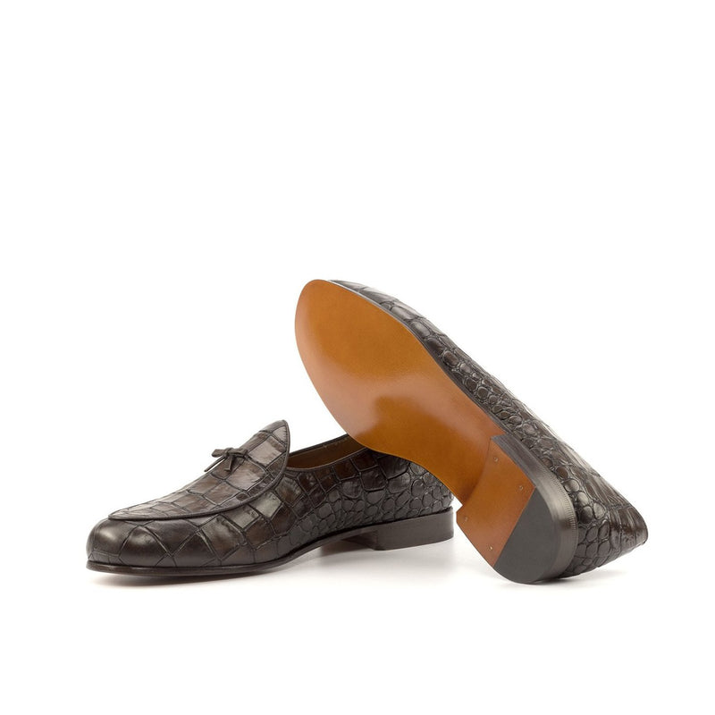Ambrogio Bespoke Custom Men's Shoes Dark Brown Crocodile Print Leather Belgian Loafers (AMB2221)-AmbrogioShoes