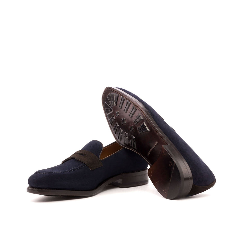 Ambrogio Bespoke Custom Men's Shoes Dark Brown & Navy Suede / Calf-Skin Leather Penny Loafers (AMB2115)-AmbrogioShoes