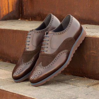 Ambrogio Bespoke Custom Men's Shoes Dark Brown Suede / Calf-Skin Leather Full Brogue Oxfords (AMB2130)-AmbrogioShoes