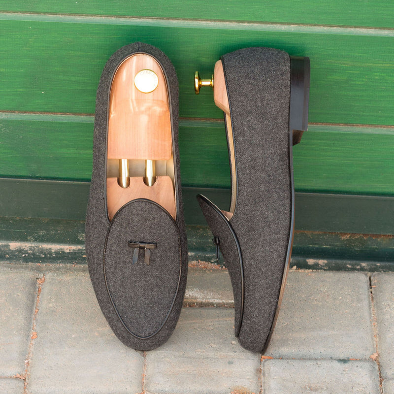 Ambrogio Bespoke Custom Men's Shoes Dark Gray Flannel Fabric Belgian Loafers (AMB2174)-AmbrogioShoes
