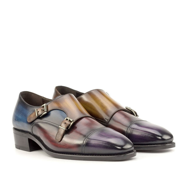 Ambrogio Bespoke Custom Men's Shoes Denim, Cognac, Purple & Burgundy Patina Leather Monk-Straps Loafers (AMB2227)-AmbrogioShoes