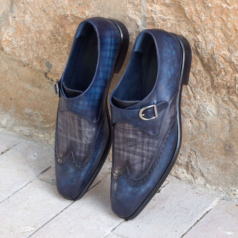 Ambrogio Bespoke Custom Men's Shoes Denim & Gray Patina Leather Monk-Strap Loafers (AMB1913)-AmbrogioShoes