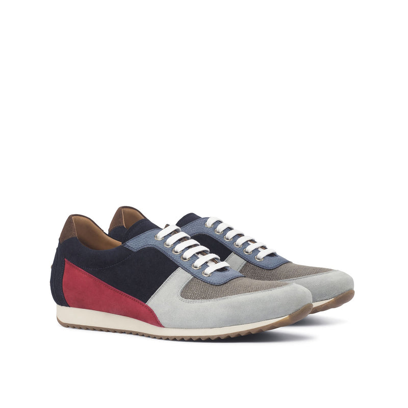 Ambrogio Bespoke Custom Men's Shoes Gray, Brown, Navy & Red Fabric / Suede / Pebble Grain Leather Sneakers (AMB1906)-AmbrogioShoes