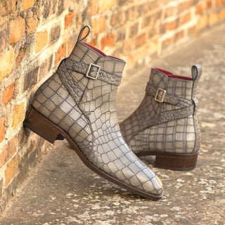Ambrogio Bespoke Custom Men's Shoes Gray Crocodile Print Leather Jodhpur Boots (AMB2181)-AmbrogioShoes