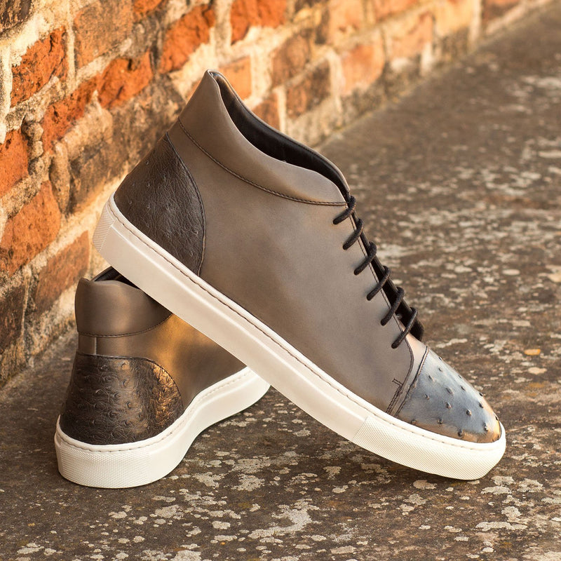 Ambrogio Bespoke Custom Men's Shoes Gray Exotic Ostrich / Calf-Skin Leather Sneakers (AMB1933)-AmbrogioShoes