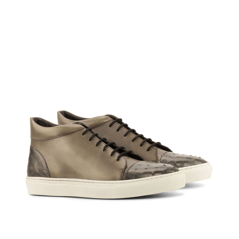 Ambrogio Bespoke Custom Men's Shoes Gray Exotic Ostrich / Calf-Skin Leather Sneakers (AMB1933)-AmbrogioShoes