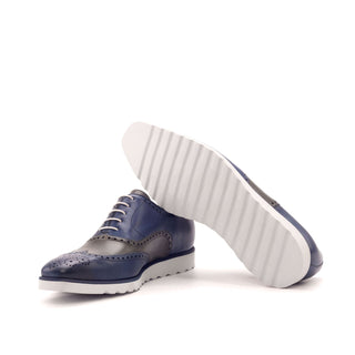 Ambrogio Bespoke Custom Men's Shoes Gray & Navy Calf-Skin Leather Full Brogue Oxfords (AMB2116)-AmbrogioShoes