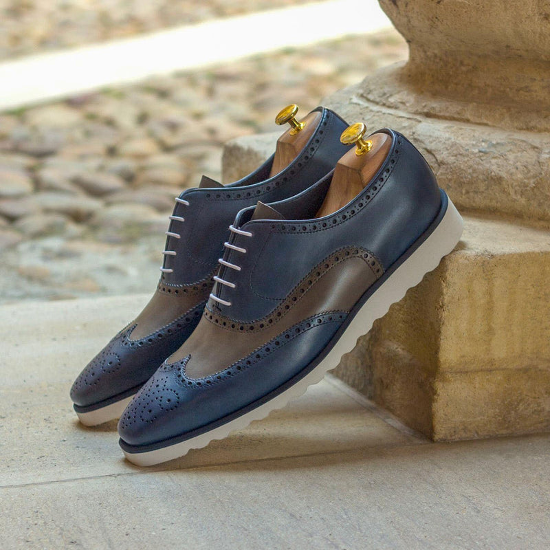Ambrogio Bespoke Custom Men's Shoes Gray & Navy Calf-Skin Leather Full Brogue Oxfords (AMB2116)-AmbrogioShoes