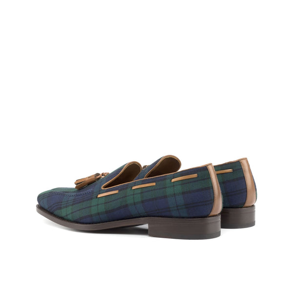 Ambrogio Bespoke Custom Men's Shoes Green, Blue & Brown Blackwatch Fabric / Box Calf-Skin Leather Tassel Loafers (AMB2197)-AmbrogioShoes
