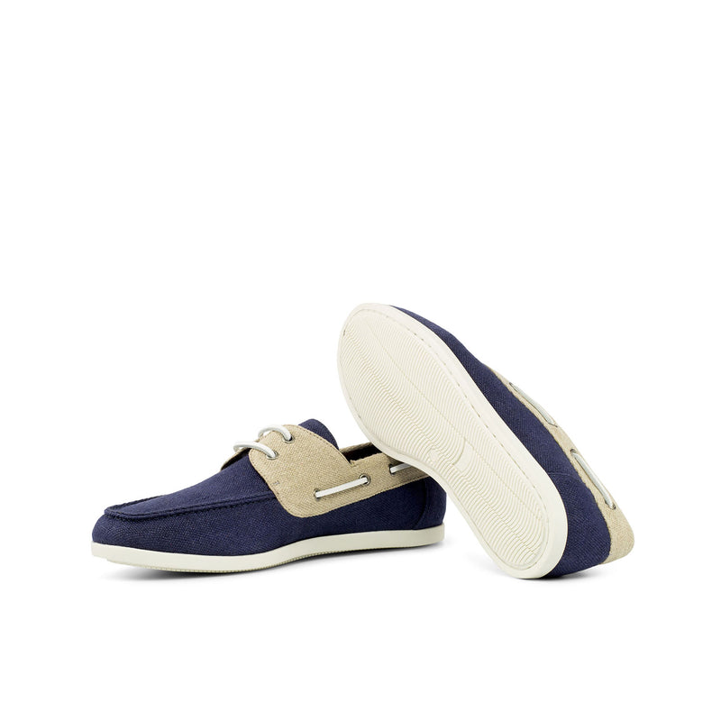 Ambrogio Bespoke Custom Men's Shoes Ice & Navy Linen Fabric Boat Loafers (AMB2158)-AmbrogioShoes