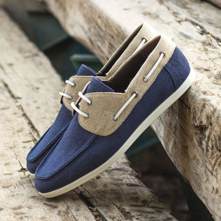 Ambrogio Bespoke Custom Men's Shoes Ice & Navy Linen Fabric Boat Loafers (AMB2158)-AmbrogioShoes