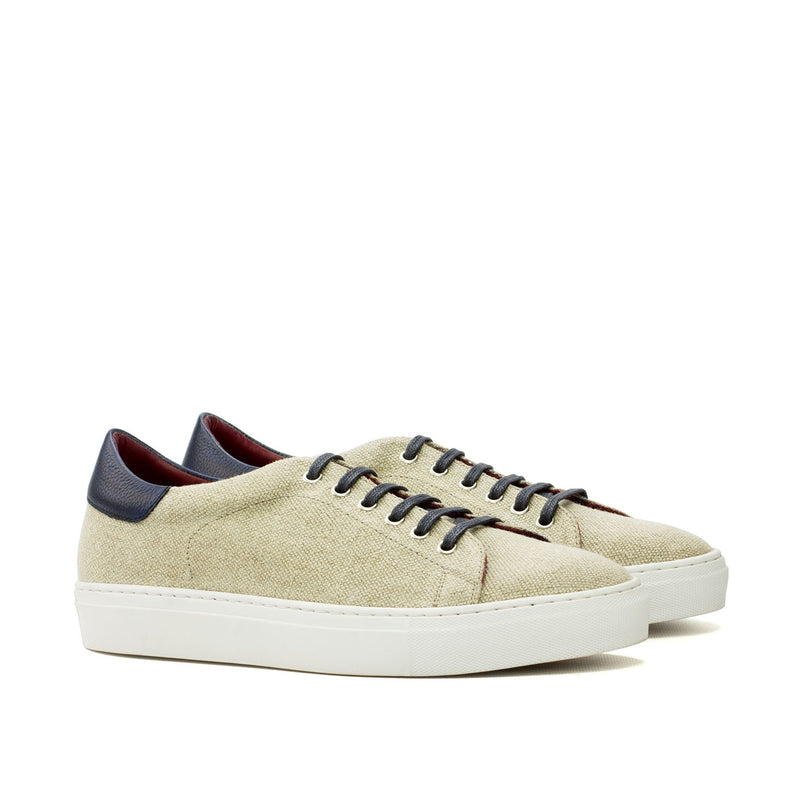 Ambrogio Bespoke Custom Men's Shoes Ice & Navy Linen / Full Grain Leather Trainers Sneakers (AMB2142)-AmbrogioShoes