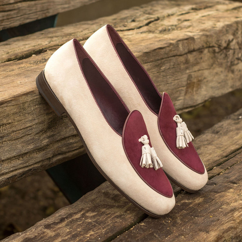 Ambrogio Bespoke Custom Men's Shoes Ivory & Burgundy Suede Leather Tassels Loafers (AMB1974)-AmbrogioShoes