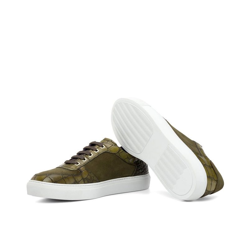 Ambrogio Bespoke Custom Men's Shoes Khaki & Olive Suede / Crocodile Print Leather Trainer Sneakers (AMB2231)-AmbrogioShoes