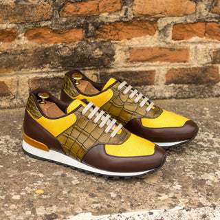 Ambrogio Bespoke Custom Men's Shoes Mustard, Brown & Olive Linen / Calf-Skin Leather Casual Sneakers (AMB1995)-AmbrogioShoes