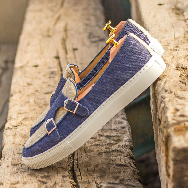 Ambrogio Bespoke Custom Men's Shoes Navy & Beige Linen Fabric / Calf-Skin Leather Monk-Straps Sneakers (AMB2184)-AmbrogioShoes