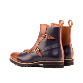 Ambrogio Bespoke Custom Men's Shoes Navy & Brown Calf-Skin Leather Buckle Boots (AMB1949)-AmbrogioShoes