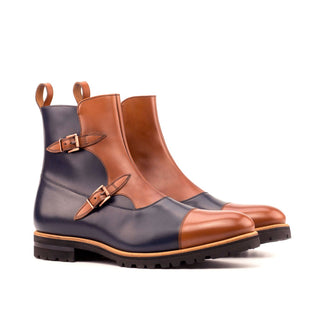Ambrogio Bespoke Custom Men's Shoes Navy & Brown Calf-Skin Leather Buckle Boots (AMB1949)-AmbrogioShoes