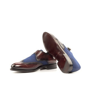 Ambrogio Bespoke Custom Men's Shoes Navy & Burgundy Jeans Fabric / Patina Leather Monk Strap (AMB2194)-AmbrogioShoes