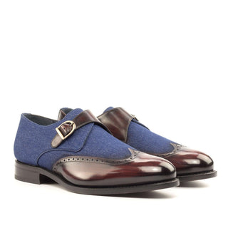 Ambrogio Bespoke Custom Men's Shoes Navy & Burgundy Jeans Fabric / Patina Leather Monk Strap (AMB2194)-AmbrogioShoes