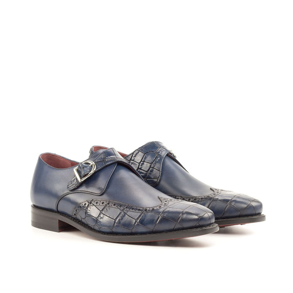 Ambrogio Bespoke Custom Men's Shoes Navy Crocodile Print & Calf-Skin Leather Monk-Strap Loafers (AMB2193)-AmbrogioShoes