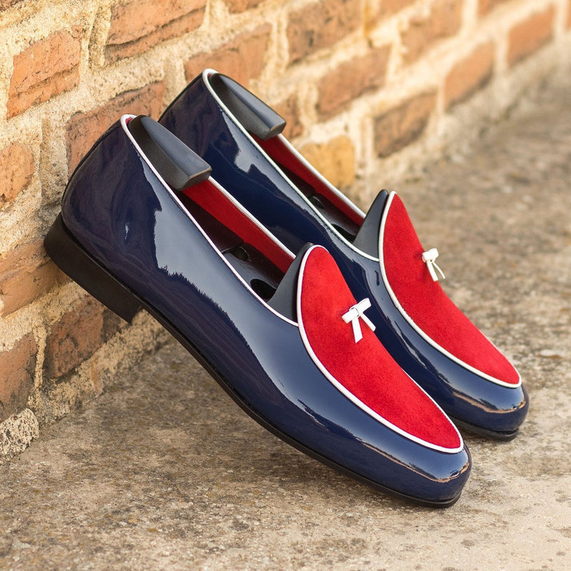 Ambrogio Bespoke Custom Men's Shoes Red & Cobalt Blue Suede / Patent Leather Belgian Loafers (AMB2229)-AmbrogioShoes