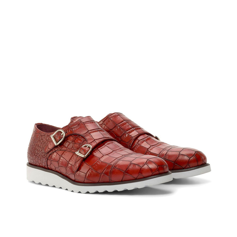 Ambrogio Bespoke Custom Men's Shoes Red Crocodile Print Monk-Straps Loafers (AMB2211)-AmbrogioShoes