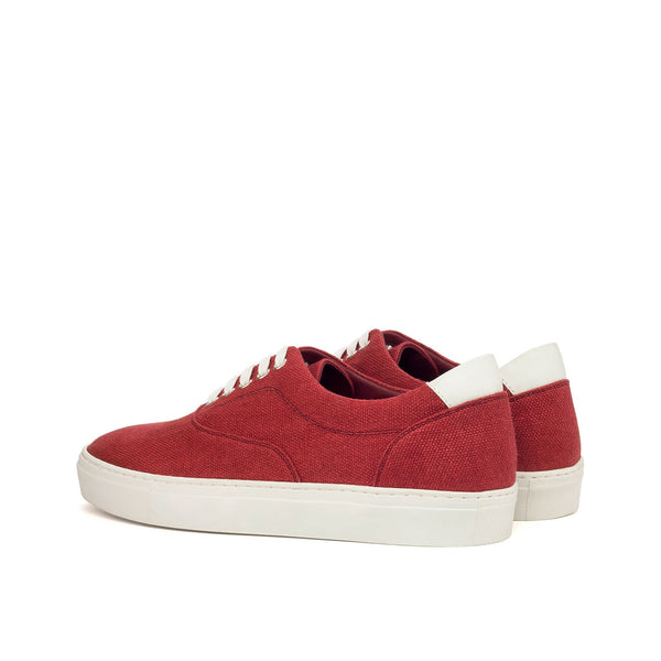 Ambrogio Bespoke Custom Men's Shoes Red & White Linen Fabric / Calf-Skin Leather Casual Sneakers (AMB2122)-AmbrogioShoes