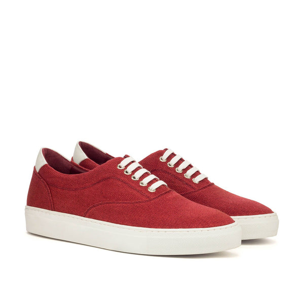 Ambrogio Bespoke Custom Men's Shoes Red & White Linen Fabric / Calf-Skin Leather Casual Sneakers (AMB2122)-AmbrogioShoes