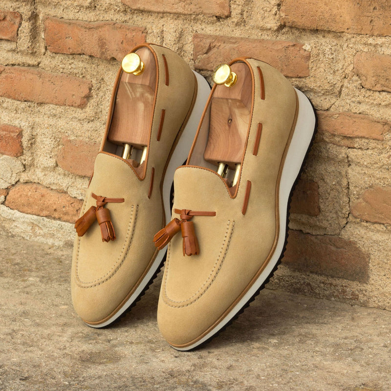 Ambrogio Bespoke Custom Men's Shoes Sand & Cognac Suede / Calf-Skin Leather Tassels Loafers (AMB2111)-AmbrogioShoes