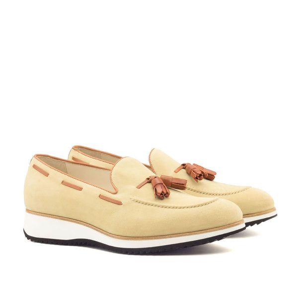 Ambrogio Bespoke Custom Men's Shoes Sand & Cognac Suede / Calf-Skin Leather Tassels Loafers (AMB2111)-AmbrogioShoes
